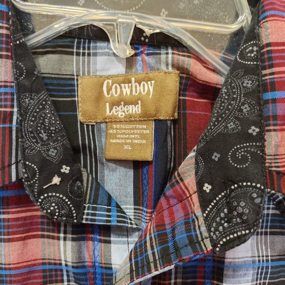 Cowboy Legend Window Black Red Plaid Pearl Snap Button Western Boys Shirt XL - Picture 6 of 8